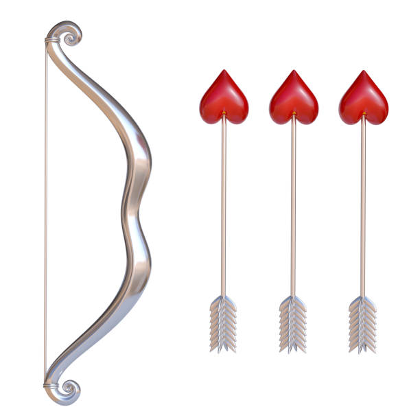 Valentine's day bow and arrows, cupid bow and arrows with the heart-shaped end set Valentine's day bow and arrows, cupid bow and arrows with the heart-shaped end set, 3d rendering archery bow stock pictures, royalty-free photos & images