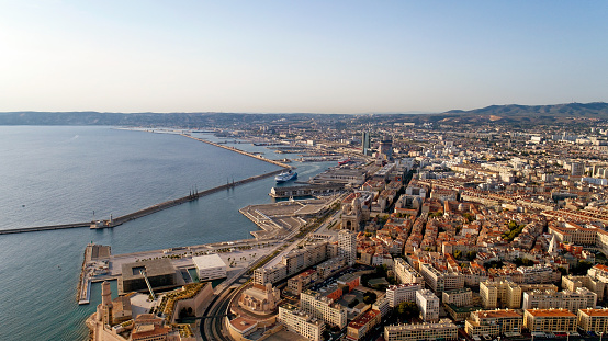 Aerial view of Marseille city harbour, Bouches du Rhone, France