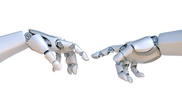 istock Two robot hands as Michelangelo's Creation of Adam 970888062