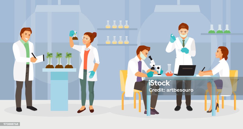 Biochemical laboratory vector Scientists working in the biochemical laboratory. Vector illustration Scientist stock vector