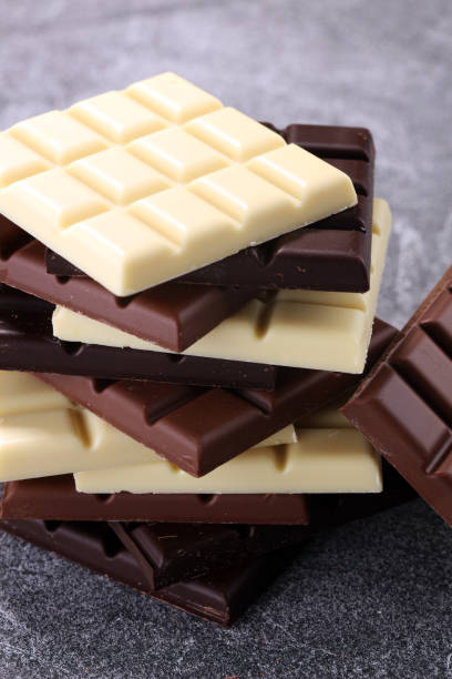 istock chocolate in diffrent color. milk, dark and white chocolate bars 970892540
