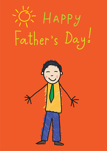 Children's drawing with an inscription Happy Father's Day! Asian cheerful father with a green tie on the orange background