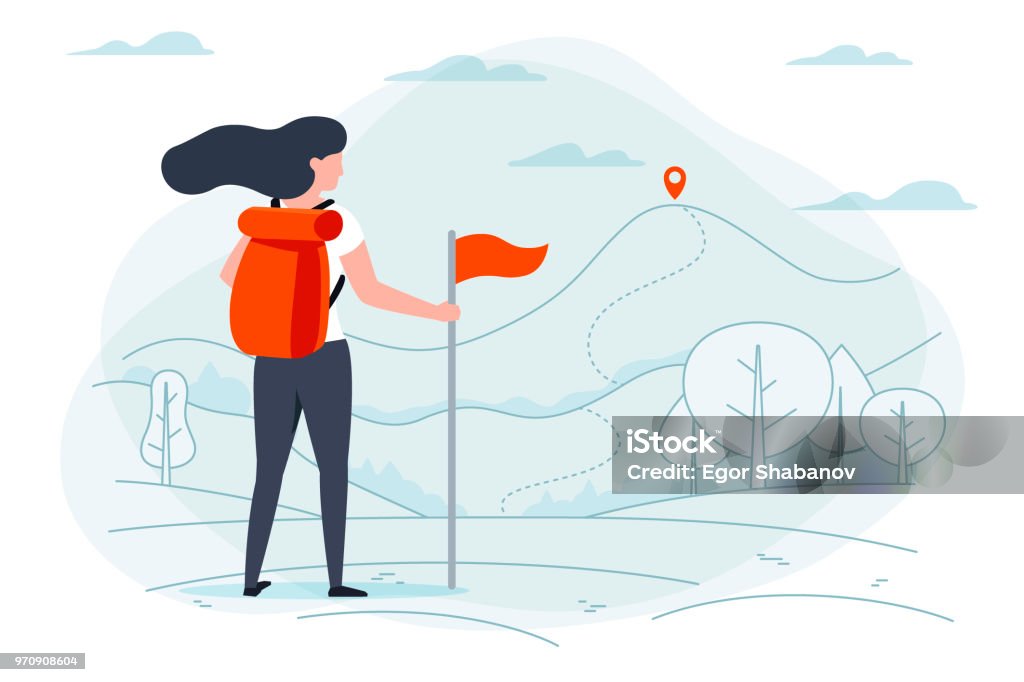 Camping girl. Park, forest, trees, mountains Vector illustration - camping girl. Park, forest, trees, mountains on background. Banner, poster template with place for your text. Hiking stock vector