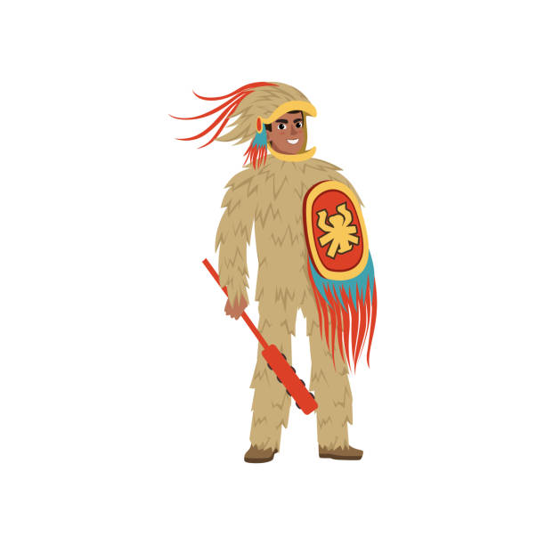 istock Aztec armed warrior man character wearing in animal skin vector Illustration on a white background 970920008