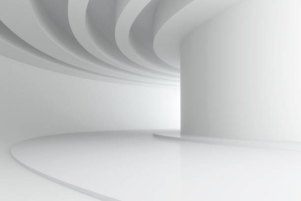 istock 3d illustration. White abstract three-dimensional composition. Long curve corridor with circular beams on the ceiling in perspective. Architectural background, render. 970925668