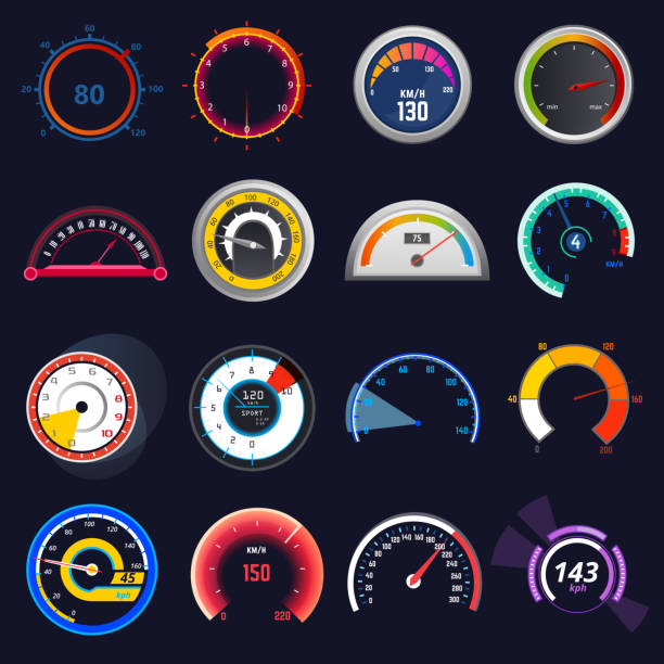 ilustrações de stock, clip art, desenhos animados e ícones de speedometer vector car speed dashboard panel and speed-up power measurement illustration set of speed-limit control technology gauge with arrow or pointer isolated on background - speedometer dashboard dial speed