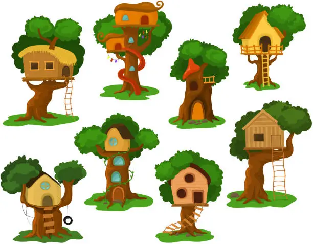 Vector illustration of Tree house vector wooden playhouse building on oak tree for kids in garden or park illustration set of treehouse construction on playground with roof or stairs isolated on white background