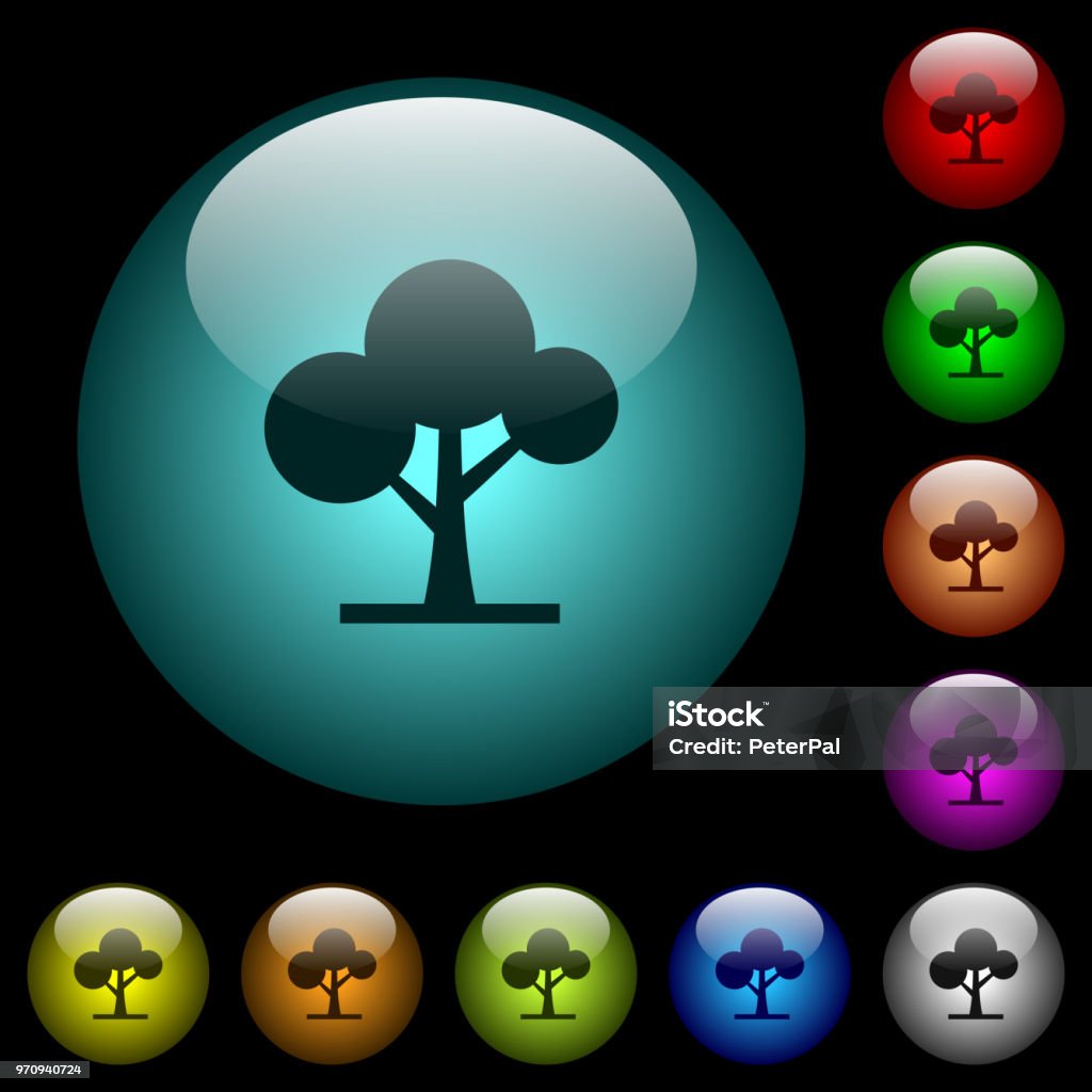 Leafy tree icons in color illuminated glass buttons Leafy tree icons in color illuminated spherical glass buttons on black background. Can be used to black or dark templates Branch - Plant Part stock vector