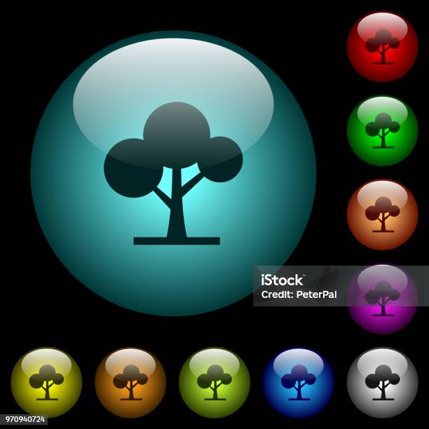 Leafy Tree Icons In Color Illuminated Glass Buttons Stock Illustration - Download Image Now