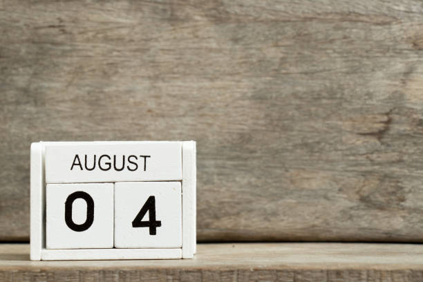 istock White block calendar present date 4 and month August on wood background 970941072