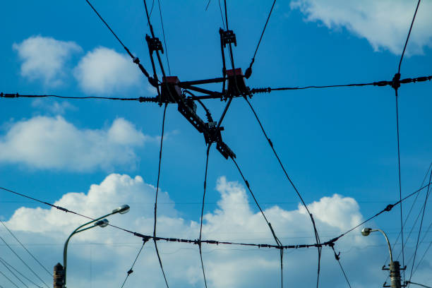 istock Tram wires against the blue sky, electric wires 970942242