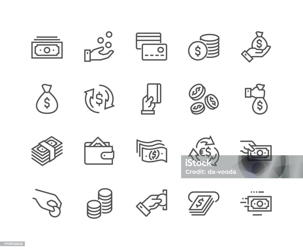 Line Money Icons Simple Set of Money Related Vector Line Icons. Contains such Icons as Wallet, ATM, Bundle of Money, Hand with a Coin and more. Editable Stroke. 48x48 Pixel Perfect. Icon Symbol stock vector