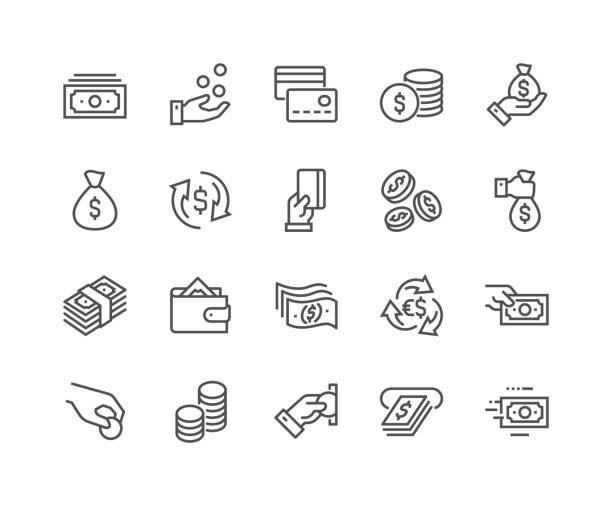 Line Money Icons Simple Set of Money Related Vector Line Icons. Contains such Icons as Wallet, ATM, Bundle of Money, Hand with a Coin and more. Editable Stroke. 48x48 Pixel Perfect. finance stock illustrations