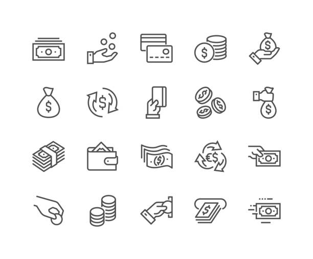 Line Money Icons Simple Set of Money Related Vector Line Icons. Contains such Icons as Wallet, ATM, Bundle of Money, Hand with a Coin and more. Editable Stroke. 48x48 Pixel Perfect. banks and atms stock illustrations