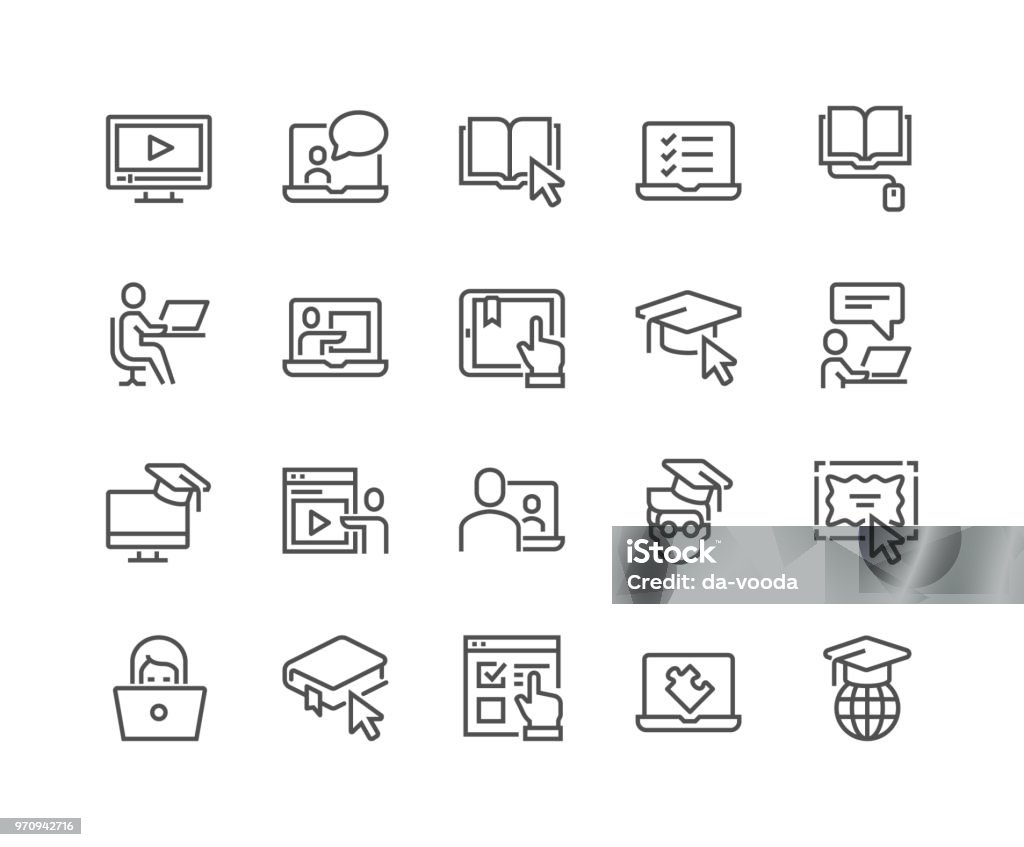 Line Online Education Icons Simple Set of Online Education Related Vector Line Icons. Contains such Icons as Video Tutorial, E-book, On-line Lecture, Education Plan and more. Editable Stroke. 48x48 Pixel Perfect. Icon Symbol stock vector