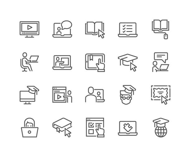 Line Online Education Icons Simple Set of Online Education Related Vector Line Icons. Contains such Icons as Video Tutorial, E-book, On-line Lecture, Education Plan and more. Editable Stroke. 48x48 Pixel Perfect. laptop icon stock illustrations