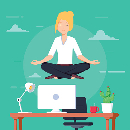 Businesswoman Doing Yoga To Calm Down The Stressful Emotion From Hard Work  In Office Over Desk With Office Objects On Background Stock Illustration -  Download Image Now - iStock