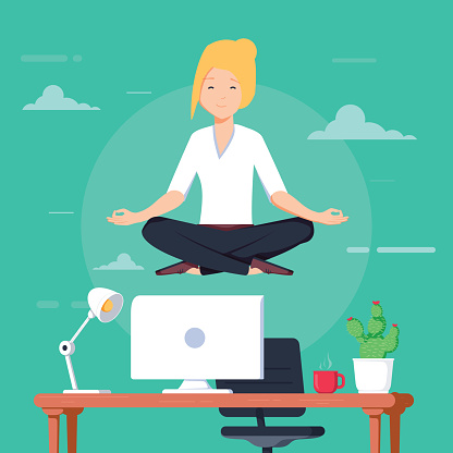 Businesswoman Doing Yoga To Calm Down The Stressful Emotion From Hard Work In Office Over Desk With Office Objects On Background Stock Illustration - Download Image Now - iStock Businesswoman Doing Yoga To Calm Down The Stressful Emotion From Hard Work In Office Over Desk With Office Objects On Background Stock Illustration - Download Image Now - iStock