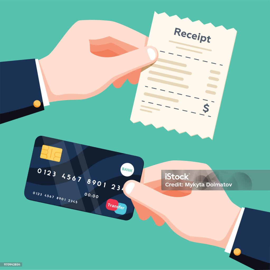 Hand holding receipt and hand holding credit card. Cashless payment concept. Flat design vector isolated illustration Hand holding receipt and hand holding credit card. Cashless payment concept. Flat design vector illustration isolated on green background. Online pay accounting, electronic notification with receipt Credit Card stock vector