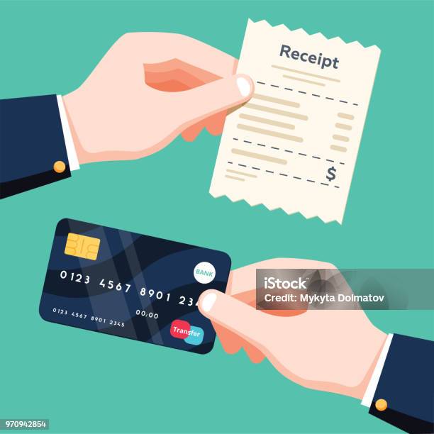 Hand Holding Receipt And Hand Holding Credit Card Cashless Payment Concept Flat Design Vector Isolated Illustration Stock Illustration - Download Image Now
