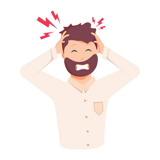 Headache, frustration, anger. Flat design vector illustration. Health And Pain. Stressed Exhausted Young man Headache, frustration, anger. Flat design vector illustration. Health And Pain. Stressed Exhausted Young man Having Strong Tension Headache. Closeup Picture Of Businessman Suffering From Head Migraine headache stock illustrations