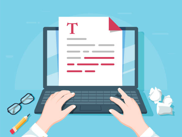 spisovatel psaní na počítači papír list vektorová ilustrace, plochý kreslený person editor psát elektronickou knihu text top view - kopírování stock ilustrace