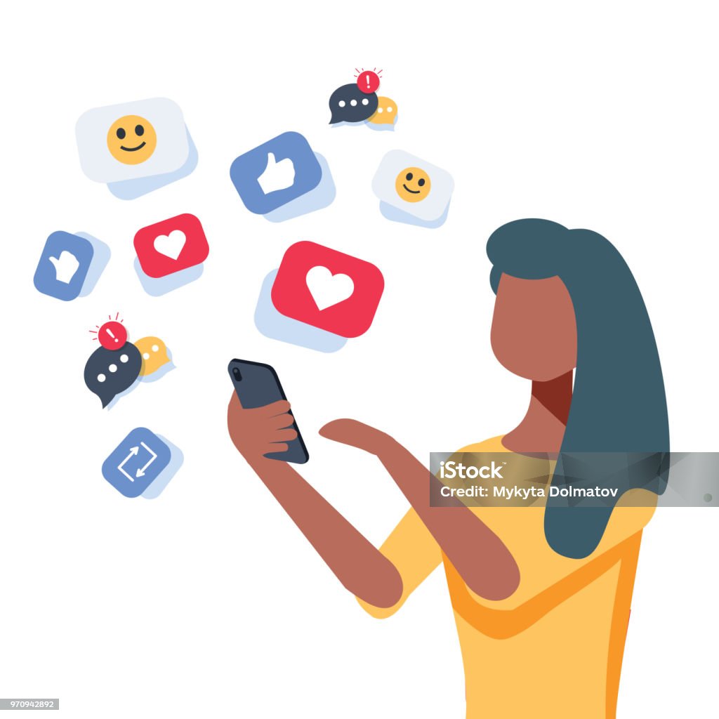 Young african-american woman using a smartphone with many social media heart like icons. Woman getting likes in social network. Young african-american woman using a smartphone with many social media heart like icons. Woman getting likes in social network. Vector cartoon illustration isolated on white background. Square layout. Social Media stock vector