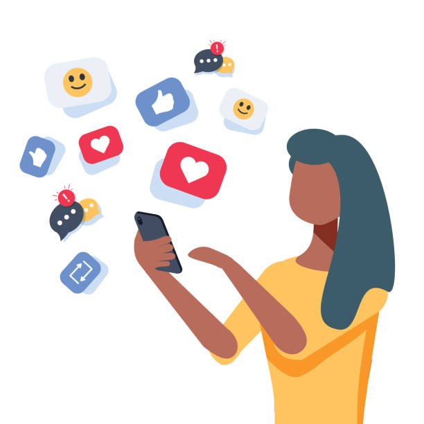 Young african-american woman using a smartphone with many social media heart like icons. Woman getting likes in social network. Young african-american woman using a smartphone with many social media heart like icons. Woman getting likes in social network. Vector cartoon illustration isolated on white background. Square layout. social media icons phone stock illustrations