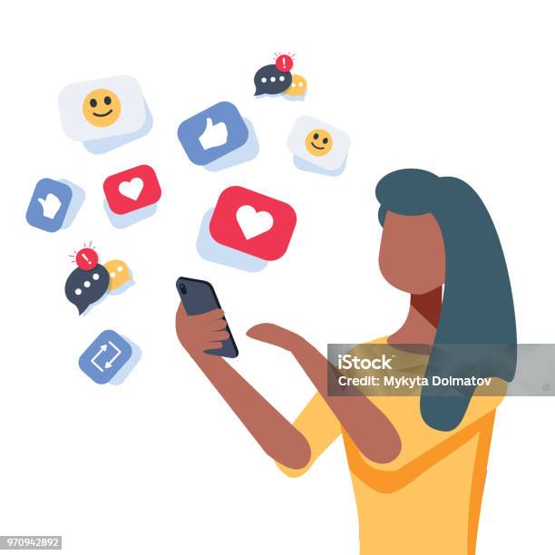 Young Africanamerican Woman Using A Smartphone With Many Social Media Heart Like Icons Woman Getting Likes In Social Network Stock Illustration - Download Image Now