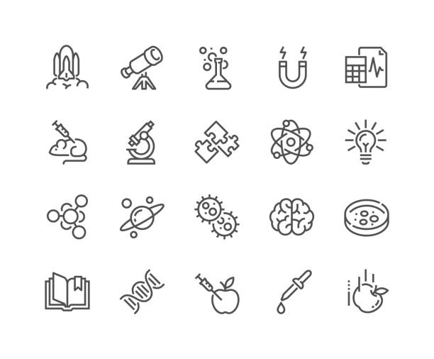 Line Science Icons Simple Set of Science Related Vector Line Icons. Contains such Icons as Biology, Astronomy, Physics, Science Test, Lab and more. Editable Stroke. 48x48 Pixel Perfect. physics illustrations stock illustrations