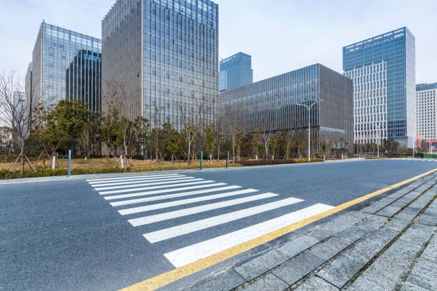 istock Panoramic skyline and modern business office buildings with empty road,empty concrete square floor 970947772