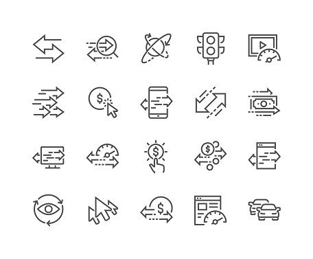 Simple Set of Traffic Related Vector Line Icons. Contains such Icons as Pay per Click, Monetize, Traffic Speed and more. Editable Stroke. 48x48 Pixel Perfect.