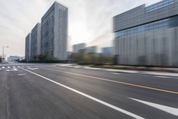 istock Panoramic skyline and modern business office buildings with empty road,empty concrete square floor 970952356