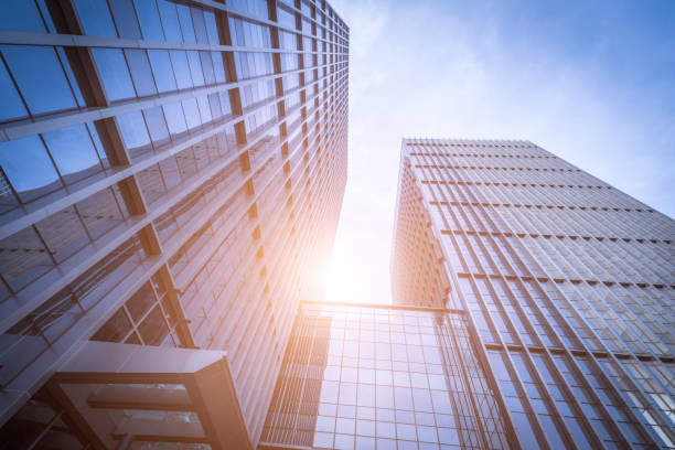 istock Bottom view of office building window close up 970952452