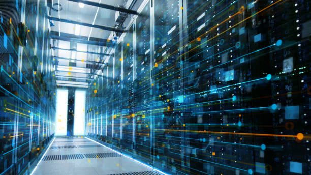istock Shot of a Working Data Center With Rows of Rack Servers Connected with Enthernet Connection Visualisation Lines. 970952910