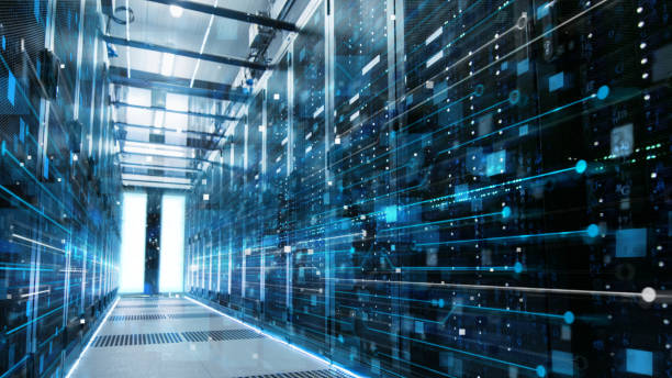 Shot of a Working Data Center With Rows of Rack Servers Connected with LAN Connection Visualisation Lines.