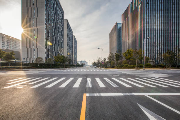 istock Panoramic skyline and modern business office buildings with empty road,empty concrete square floor 970953084