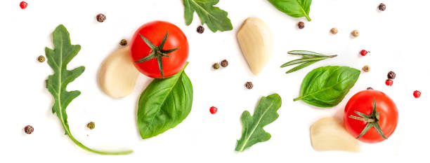 istock Seamless pattern with fresh vegetables, herbs and spices. Isolated on white background. Top view