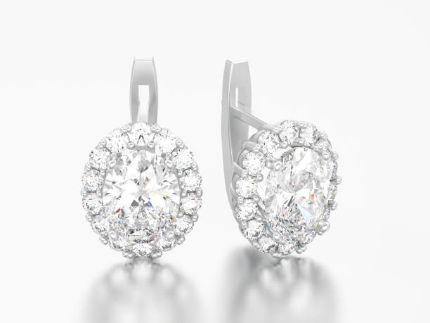 istock 3D illustration silver diamond earrings with oval gemstone with hinged lock 970953586