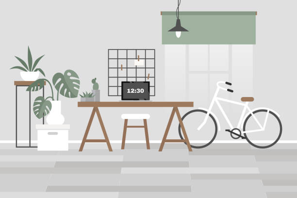 Scandinavian office interior. Desk, chair, plants, bike. No people template. Flat editable vector illustration, clip art Scandinavian office interior. Desk, chair, plants, bike. No people template. Flat editable vector illustration, clip art green wall stock illustrations