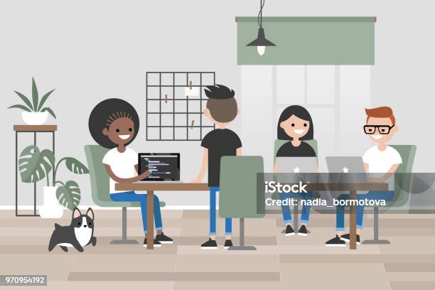 Millennials At Work Design Bureau Young People Sitting And Standing Around Long Wooden Table Flat Editable Vector Illustration Clip Art Stock Illustration - Download Image Now