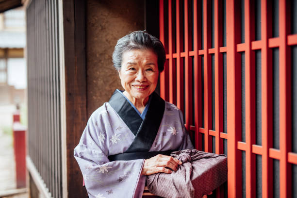 smiling traditional Japanese Senior Woman Old Japanese lady in traditional clothing kyoto prefecture photos stock pictures, royalty-free photos & images