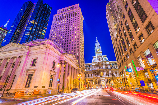 Philadelphia, Pennsylvania, USA cityscape on Broad Street with City Hall.