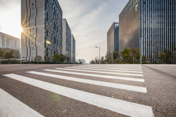 istock Panoramic skyline and modern business office buildings with empty road,empty concrete square floor 970958236