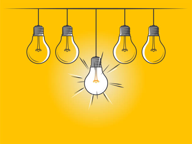 Set of hanging light bulbs with one glowing on yellow background. Innovation symbol. Light bulb sign. Design element for business startup, technology, science. Icon concept of invention, study, imagination and creativity. Design can be used for a website, mobile application, presentation, corporate identity design, wherever you decide that you need is. Looks good, high quality It is easy to modify. perpetual motion stock illustrations