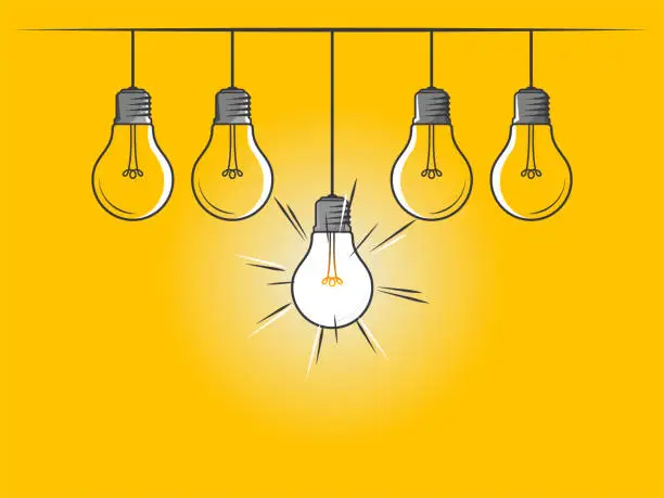 Vector illustration of Set of hanging light bulbs with one glowing on yellow background. Innovation symbol. Light bulb sign. Design element for business startup, technology, science. Icon concept of invention, study, imagination and creativity.