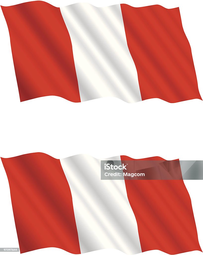Peruvian Flag Flying in the Wind These images would make an excellent patriotic graphic or backdrop. There are 2 different styles of flags. The top image being a matte finish and the other satin. Color Image stock vector