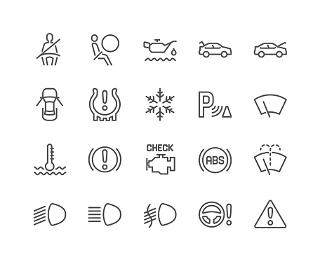 Simple Set of Car Dashboard Related Vector Line Icons. Contains such Icons as Check engine, Tire Pressure, Parking Radar and more. Editable Stroke. 48x48 Pixel Perfect.