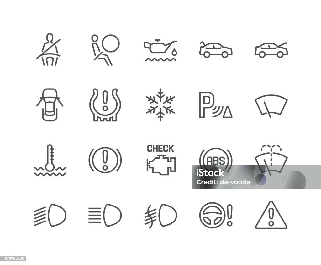 Line Car Dashboard Icons Simple Set of Car Dashboard Related Vector Line Icons. Contains such Icons as Check engine, Tire Pressure, Parking Radar and more. Editable Stroke. 48x48 Pixel Perfect. Icon Symbol stock vector