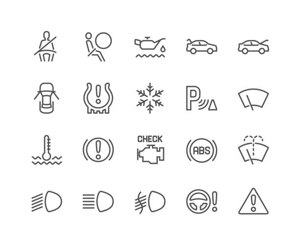 Line Car Dashboard Icons Simple Set of Car Dashboard Related Vector Line Icons. Contains such Icons as Check engine, Tire Pressure, Parking Radar and more. Editable Stroke. 48x48 Pixel Perfect. hood stock illustrations